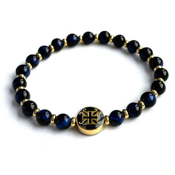 Rustic Cuff Faceted Semiprecious Lapis Lazuli Stones Beaded Stretch Bracelet - Picture 2 of 2